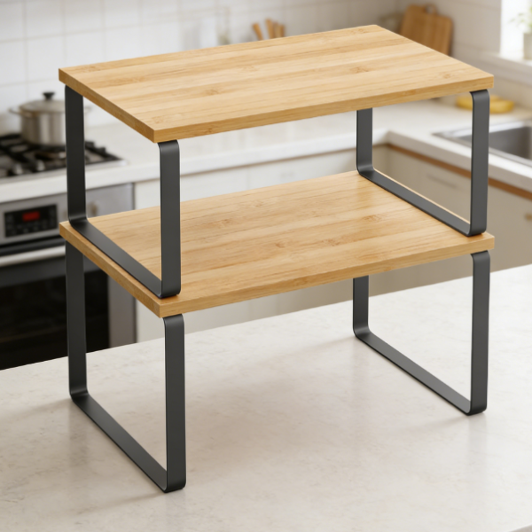 Set of 2 Stackable & Expandable Kitchen Shelves (Ink Black & Beige)