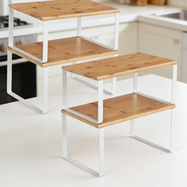 Set of 4 Stackable & Expandable Kitchen Shelves (Cloud White & Beige)