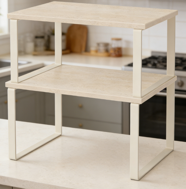 Set of 2 Stackable & Expandable Kitchen Shelves (Travertine Beige)