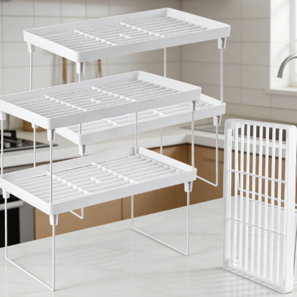 Set of 4 Stackable & Foldable Plastic Kitchen Shelves (White)