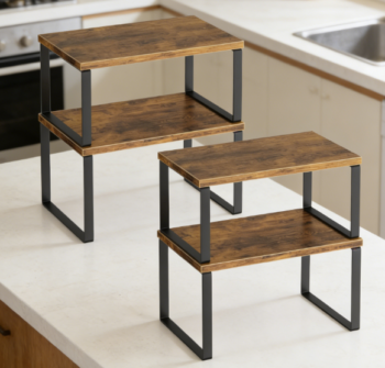 Set of 4 Stackable & Expandable Wooden Kitchen Shelves (Vintage Brown)